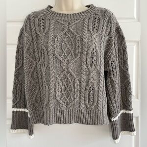 Elan Chunky Cable Knit Sweater Bell Sleeves Gray White Trim Size S Fisherman